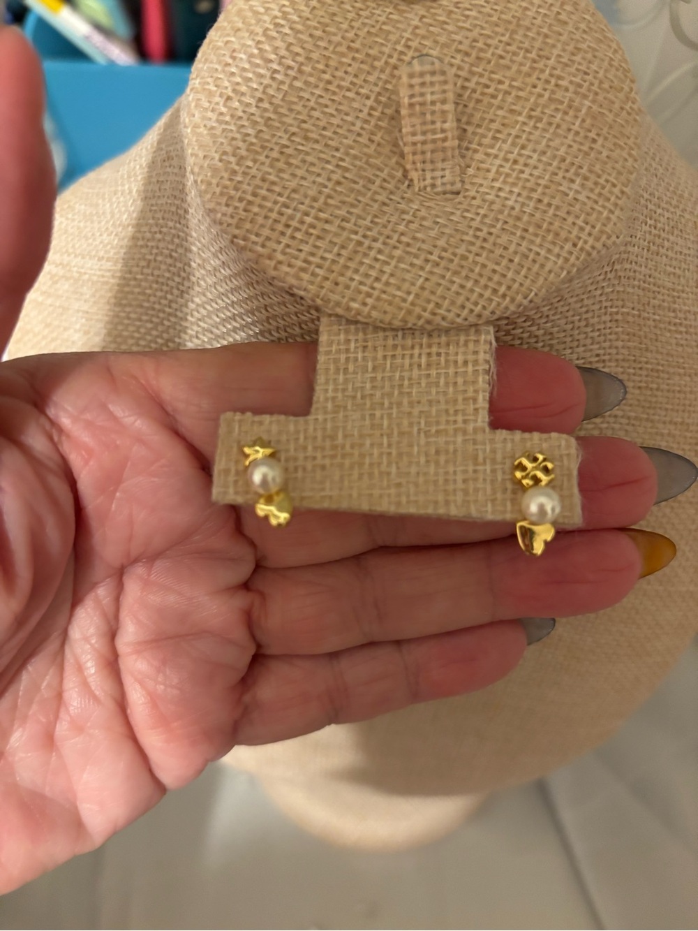 Tory Burch Gold-Tone Pearl Drop Logo Stud Earrings